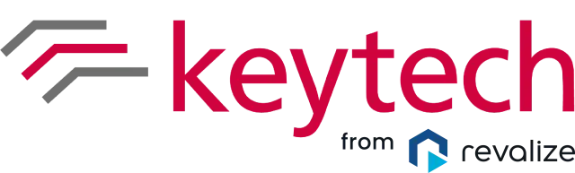 Logo with red and gray angled lines, the word keytech in red, and from revalize with a blue geometric icon below—ideal for electronic document management solutions.