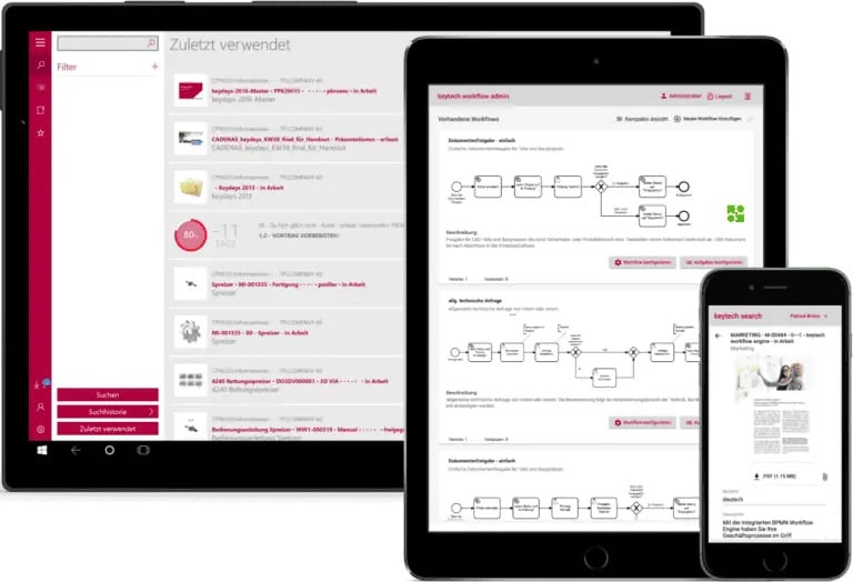 A tablet, smartphone, and laptop display different screens of an electronic document management and search workflow software with a white and pink interface.