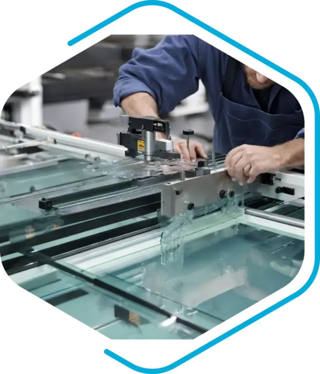 Person operating a machine to cut or shape sheets of glass in an industrial setting, efficiently coordinating tasks with electronic document management systems.
